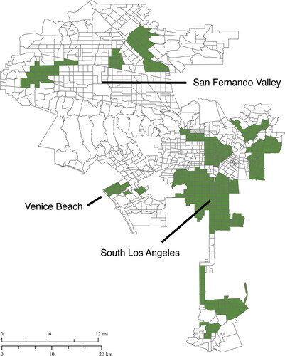 Figure 1. Map showing active GRYD Zones (dark green) between July 2015 and July 2018.