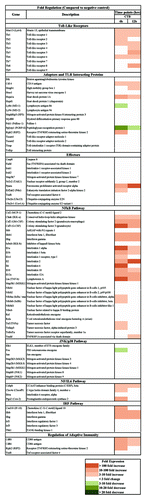 Figure 1. Heat map showed the expression of TLR pathway genes after stimulation with 1 μg/mL CTB at 6 and 12 h. Upregulation was defined as a ≥3-fold increase as compared with negative control, and markedly differentially regulated if the difference was ≥10-fold, and downregulation as a ≤3-fold decrease.