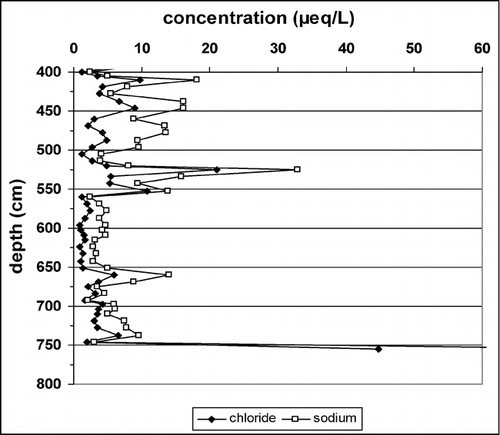 FIGURE 8. Depth profile of the concentrations of Na+ and Cl− (expressed as &mu= L−1)