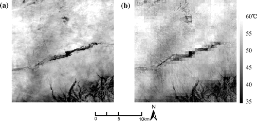 Figure 2. (a) Actual LST image with 90 m resolution; (b) LST image sharpened from 720 to 90 m.