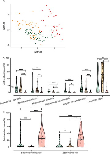 Figure 2. Analysis of the microbiota clusters. A) NMDS visualization of samples from HC and CAF dogs. Bacterial taxa present were quantified by MetaPhlAn, distances were calculated using Bray Curtis dissimilarity index, and samples were plotted based on NMDS. Clusters were defined using PAMK and are colored green (HC dogs), orange (CAF dogs in the near cluster) and red (CAF dogs in the far cluster). Relative abundance of the bacterial taxa found to discriminate between dogs, separated by cluster assignment: B) Bacterial taxa overrepresented in HC dogs or CAF dogs in the near cluster compared to CAF dogs in the far cluster; C) Bacterial taxa overrepresented in CAF dogs in the far cluster compared to HC dogs or CAF dogs in the near cluster. Clusters are colored as described for panel A, and thick black lines indicate mean abundance. FDR t-test, p values are expressed as: ****<0.0001, ***<0.001, ** <0.005, * <0.05, and #0.1 (Corrected for multiple comparisons (8 bacterial taxa found significantly different among clusters and HC) using the Bonferroni-Dunn method, with alpha = 0.05).