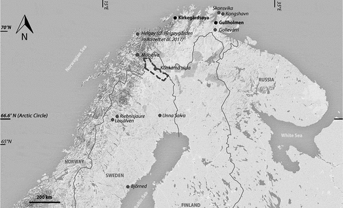 Fig. 1. Map of northern Fennoscandia with archaeological sites marked (cf. Figures 2–5), the background map, remodelled by the authors, was screenshot from © 2019 Google, Map data: Google, DigitalGlobe.