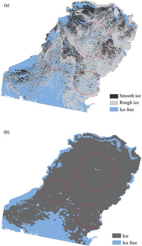 Figure 5. The extents of sea ice, level ice and rough ice. (a) Extracted from HJ-1 CCD and ASAR images; (b) extracted from MODIS image acquired on 14 February 2011 02:30 am UTC.