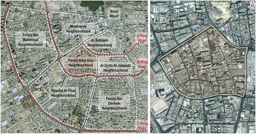 Figure 3. The location of the study area: Fereej Abdulaziz neighbourhood in Doha as highlighted (Source: Ministry of Municipality and Environment Citation2015, adapted by the authors).