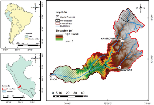 Figura 1. Mapa de ubicación de las UH de estudio y las tres ecorregiones de la cuenca del río Pisco.