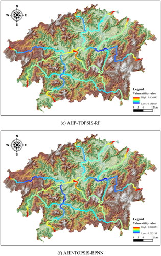 Figure 10. Results of vulnerability obtained based on machine learning models: (a) FAHP-SVM, (b) FAHP-RF, (c) FAHP-BPNN, (d) AHP-TOPSIS-SVM, (e) AHP-TOPSIS-RF, (f) AHP-TOPSIS-BPNN.