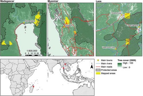 Figure 1. Overview of the mapped case study landscapes in the three study regions in Madagascar, Myanmar, and Laos, with tree cover in the year 2000 (Hansen et al., Citation2013) to illustrate the humid tropical forest frontier context.