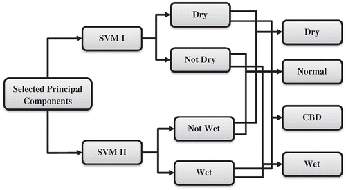 Figure 1. Flowchart showing logical combinations of the outputs of two SVMs to obtain final predicted category of hydrological events. (CBD: cannot be determined.)