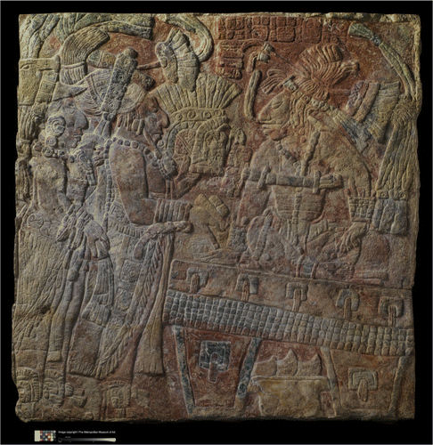 Figure 12.  Classic Maya relief with enthroned ruler. The Metropolitan Museum of Art, The Michael C. Rockefeller Memorial Collection, Bequest of Nelson A. Rockefeller, 1979 (1979.206.1047). Image: © Metropolitan Museum of Art.