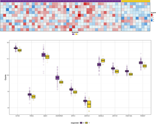 Figure 1 Panel A shows the heat map for the 10 transcripts that showed the highest magnitude fold-change between responders and non-responders. Individual participants are represented by columns; those indicated by purple boxes are the non-responders; those indicated by yellow boxes are the responders. Rows represent individual gene transcripts. Intensity of the colors blue or red indicates the magnitude of the z-score for fold-change. Panel B shows box and whisker plots for the distribution of gene counts for the 10 transcripts with the greatest magnitude differential expression between responders and non-responders. The center thick black bar shows the median, the upper and lower borders of the boxes represent the 75th and 25th percentiles, and individual dots are outliers. Non-responders are shown in purple; responders are shown in yellow.