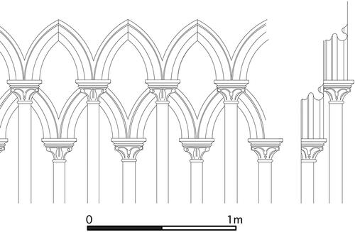 Fig. 29. Reconstruction of a syncopated wall arcade from Guisborough Priory, with waterleaf capitalsS. Harrison