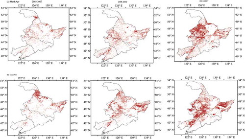 Figure 3. Distributions of fire spots in different periods in NEC in (a) March and April, and (b) in October and November, from 2003 to 2017.