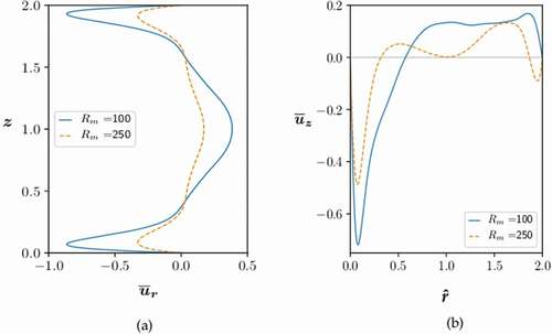 Figura 11. (a) Velocidad uˉr en función de la altura en rˆ=1. (b) Velocidad uˉz en función del radio en z=1.5