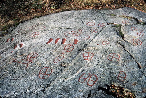 Figure 5. Paired outlined foot soles at Boglösa in Uppland, Sweden, some of which can be interpreted as wheelcrosses. Photo Bertil Almgren. Shfa Bild- Id 12984.