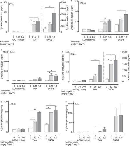 Figure 4.  TH1 cytokine production (IFNγ (A: parathion; D: methoxychlor), TNFα (B: Parathion; E: Methoxychlor), IL-17 (C: parathion; F: methoxychlor)) in auricular lymph nodes of mice treated with test solution. TH1 cytokine production values are expressed as mean (pg/ mL) ± SD (n = 6 per group). Statistical significance is indicated by asterisks: *p < 0.05, **p < 0.01 compared with the vehicle control group (Dunnett’s multiple comparison test). AOO, acetone + olive oil; IFNγ, interferon-γ; IL, interleukin; TMA, trimellitic anhydride; DNCB, 2,4-dinitrochlorobenzene; TNFα, tumor necrosis factor-α.