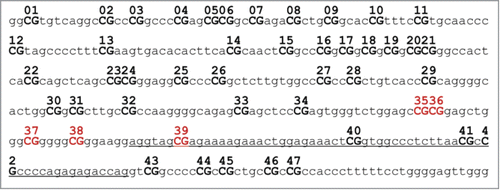 Figure 3. Exon 1F (NR3C1 gene) structure. Exon is underlined. All CpG sites (CG) are numbered, remarked in bold and capital letters. Reviewed CpG sites herein (35 to 39) are highlighted in dark red.