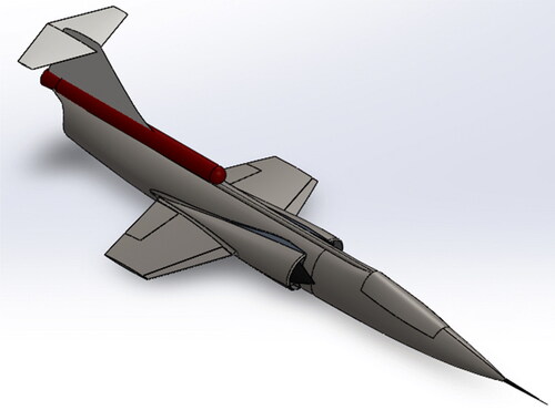 Figure 1. F104 1:6 single cannon (schematic). The cannon is the red cylinder at the root of the tail.