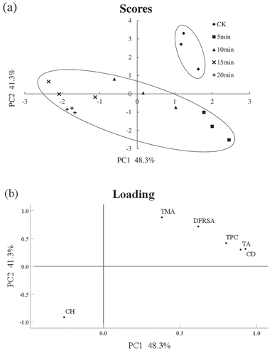 Figure 1. Scatterplot of scores (a) and loadings (b) for PC1 and PC2 of samples treated at different microwave irradiation time and CK.Figura 1. Diagrama de dispersión de las puntuaciones (a) y las cargas (b) para PC1 y PC2 de las muestras tratadas con diferentes tiempos de irradiación con microondas y CK