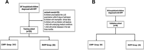 Figure 2 Study flow chart. (A) Training cohort; (B) Validation cohort.