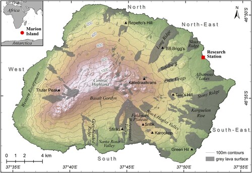 Figure 1. The location of Marion Island (inset) and the distribution of pre-glacial grey lava surfaces across the island (CitationRudolph et al., in press). Prominent landmarks, peaks (▴) and demarcation of coastal sectors are indicated, see text for details.