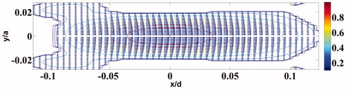 Figure 3. Contour plot of the force distribution (−6 dB) along the axial plane corresponding to Transducer 1 (refer to Figure 2). For Transducer 2, we get an identical plot, rotated clockwise by 90°. The colour bar shows normalised force distribution.
