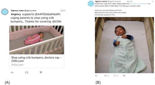 Figure 1. Example of mismatched (A) and matched (B) social media posts on infant safe sleep recommendations*