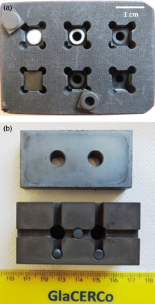 2 a graphite sample holder with glass slurry deposited on two half hourglass samples, THG (upper part, left) and TDHG (upper part, centre) and ready to join hourglass samples (lower part) and b stainless steel sample holder for joining of ISO 13124 cross-bonded samples