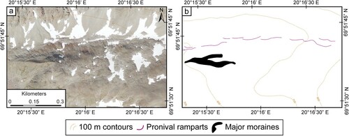 Figure 10. A row of individual pronival ramparts: (a) image from norgeibilder.no (24/08/2016), (b) subset of resulting map (presented at 1:4000 scale). The ramparts sit at the foot of a talus slope, below a valley rock wall that contains several very small (<0.01 km2) perennial snow patches. There is a lateral moraine to the left of the image, lying distal to the pronival ramparts, indicative of the sequential development of inset parallel ridges of different origins during overall deglaciation of the valley. Approximate image location: 69°51′39.07″N, 20°16′19.02″E.