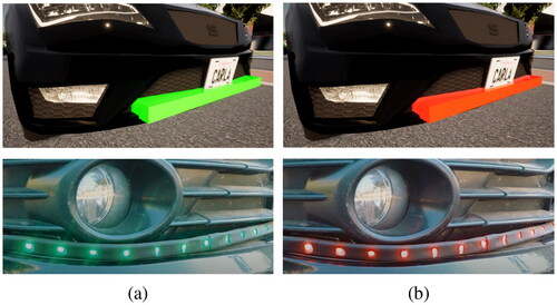 Figure 3. AV with eHMI activated communicating green (a) and red (b) status. Virtual (above) and physical (bottom) design.