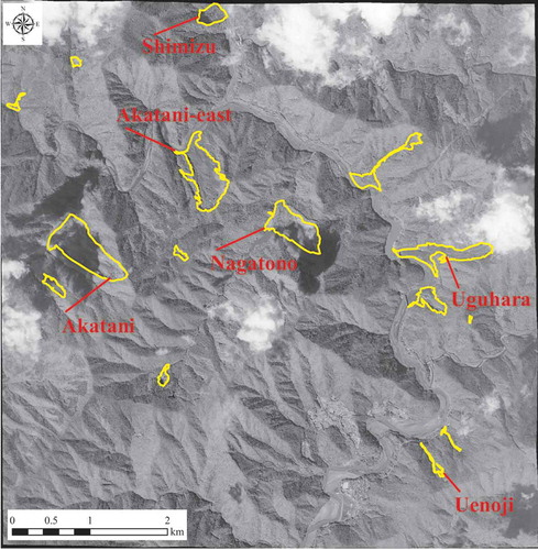 Figure 6. Landslide areas derived from EROS-B image (yellow polygons: landslide areas).