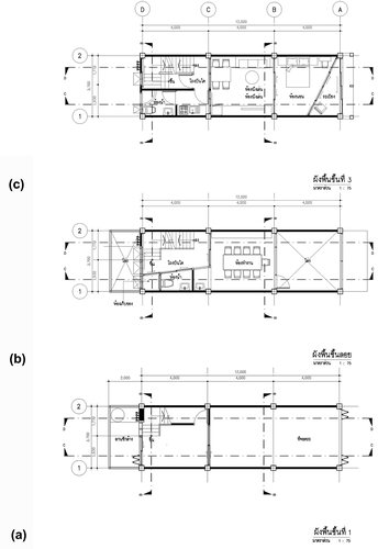 Figure 10. Edited plans of the (A) first floor, (B) mezzanine floor, and (C) third floor from construction drawings