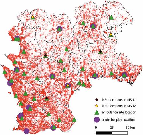 Figure 1. Overview of SHR, where the green triangles and purple circles represent the locations of ambulance sites and acute hospitals, respectively. The MSUs in the MSU1 and MSU2 scenarios are presented by black and yellow diamonds, respectively. The color of each square displays its population density. The lighter squares have lower density