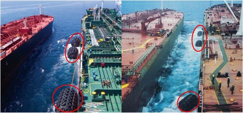 Figure 2. Pneumatic rubber fenders (red ellipses) for absorbing and dampening the impact energy during side-by-side collisions between a ship-shaped offshore installation and a shuttle tanker.