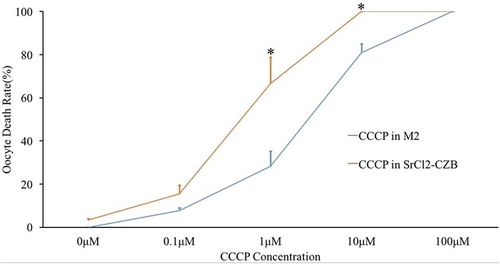 Figure 1. Effect of CCCP gradient concentrations in M2 medium and Ca2+-free SrCl2-CZB medium on oocyte survival. With the increase of CCCP concentrations, the death rate increased gradually in both MII oocytes and parthenogenetic oocytes. Parthenogenetic oocytes had higher death rates (marked with *) than MII oocytes keep in M2 medium. * indicated significant difference (P < 0.05) .