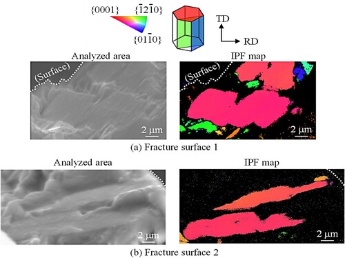 Figure 27. SEM micrographs and IPF maps obtained by EBSD analysis for the facet observed in the fracture surfaces of the HS series (Ti64). (a) Fracture surface 1 (b) Fracture surface 2 [Citation68].