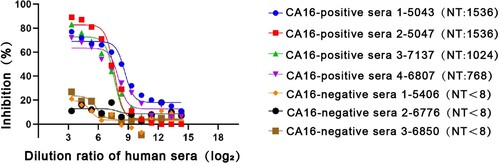 Figure 7. Competitive ELISA of DMA2017 against human sera. The DMA2017 competed with four sera from convalescent children after CA16 natural infection with NT titers 1536, 1024, 1536 and 768, respectively. Three CA16-negative human sera were used as control with NT titer <8. NT represents the neutralization titer of human sera.