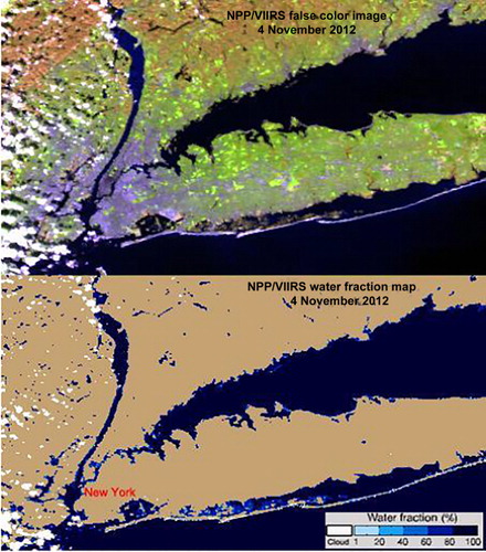 Figure 3. VIIRS false-color image (VIIRS 3, 2, 1) at 17:17 (GMT) on 4 November 2012. Dark blue and black correspond to water bodies (upper). VIIRS-derived water fraction for the same period using the Li et al.’s (Citation2013c) algorithm (lower).