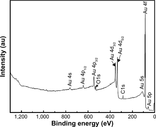 Figure S2 XPS survey scan of Au deposited onto WOx.Abbreviations: WOx, tungsten oxide; XPS, X-ray photoelectron spectroscopy.