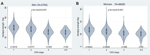 Figure 2 Distribution of handgrip strength by CKD stage in men (A) and women (B).