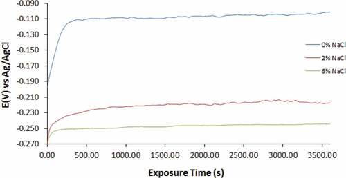 Figure 6. Open circuit potential curves of for 1000–439ST in 3.5 M H2SO4 solution at 0%, 2% and 6% NaCl concentration