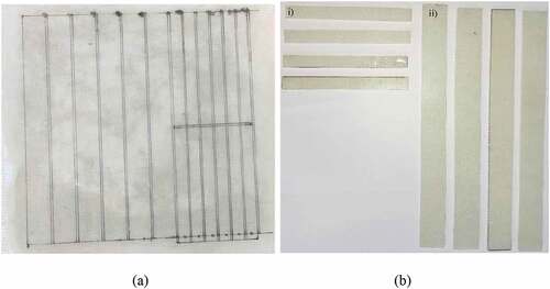 Figure 1. (a) Cured laminate and specimens. (b) i) Flexural test specimens, ii) tensile test specimens.