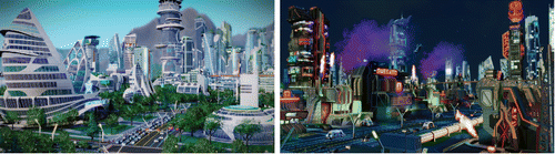 Figure 4. Utopic (left) and dystopic (right) images of the future city in the Cities of Tomorrow expansion for SimCity (2013). (Source: Electronic Arts.) (Color figure available online.)