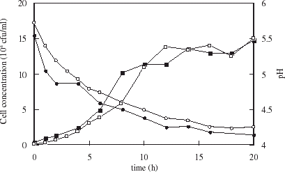 Figure 5. Growth (squares) and pH profile (circles) during fermentation with yeast encapsulated in uncoated (solid symbols) and chitosan-coated (open symbols) carrageenan microspheres.