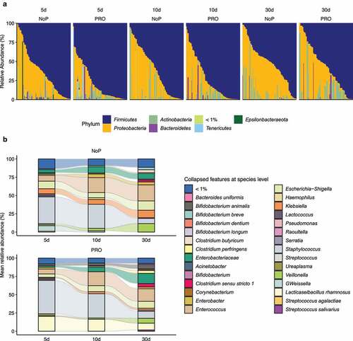 Figure 3. Summarized phylum- (a) and species-level (b) gut microbiota composition of PRO and NoP neonates. Prokaryotes with mean relative abundance below 1% are labeled as “< 1%”. PRO, probiotics cohort; NoP, non-probiotics cohort