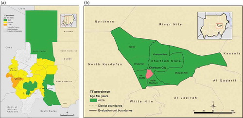 Figure 3. (a) Prevalence of trachomatous trichiasis (TT) in ≥15-year-olds by evaluation unit in selected Darfur districts, Global Trachoma Mapping Project, Sudan, 2014–2015. (b) Prevalence of trachomatous trichiasis (TT) in ≥15-year-olds by evaluation unit in Khartoum, Global Trachoma Mapping Project, Sudan, 2014–2015.