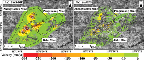 Figure 7. Average annual subsidence velocity in line-of-sight (LOS) direction in research area. (a) Average annual subsidence velocity obtained using BWS-DIE MT InSAR method. (b) Average annual subsidence velocity obtained using StaMPS method. Note that in (a) and (b), white circles A, B, C, D, E, F, G and H indicate areas with drastic deformation; significant differences in results were obtained using both methods.