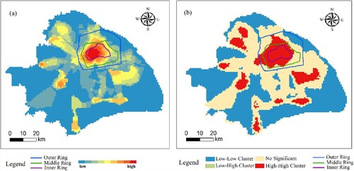 Figure 12. Spatial distribution of (a) hospital accessibility and (b) local correlation of accessibility.