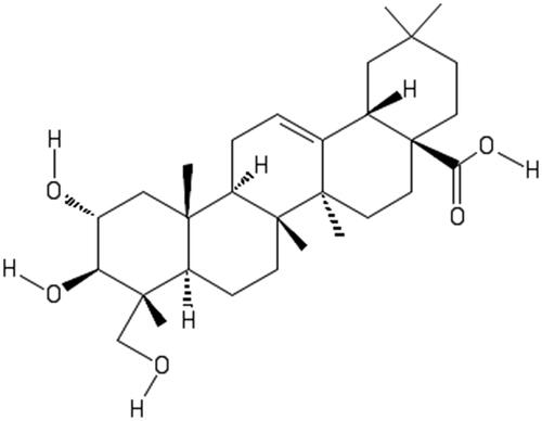 Figure 2. Structure of arjunolic acid (2,3,23- trihydroxyolean-12-en-28-oic acid) (the figure adopted by ChemDraw).