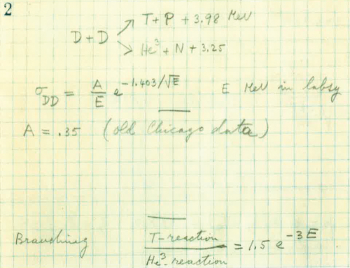 Fig. 26. Fermi’s Los Alamos notebook showing parameterizations of the DD cross sections.