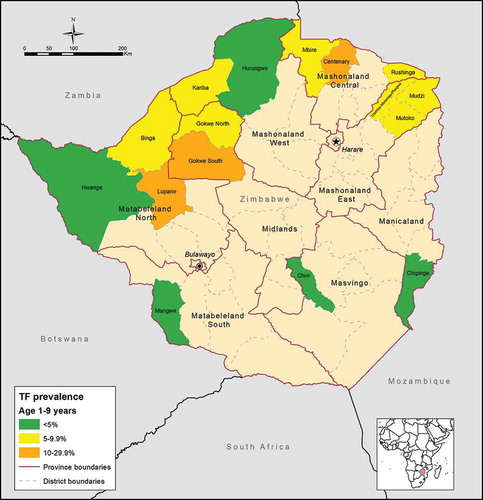 Figure 1. Estimated prevalence of trachomatous inflammation–follicular (TF) among children aged 1–9 years, by district, Global Trachoma Mapping Project, Zimbabwe, 2014–2015.